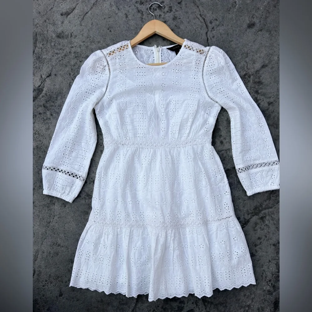 New J. Crew White Eyelet Cutout Long Sleeve Lined Dress 2 petite